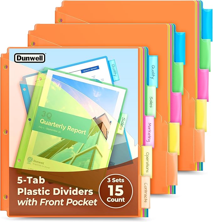 Dunwell 5-Tab Dividers with Pocket for 3-Ring Binders (3 Sets, 15 Count), Plastic One Pocket Dividers with Tabs, Slash File Jackets 3 Hole Punched for 8.5x11 Paper, Poly Pocket Notebook Dividers