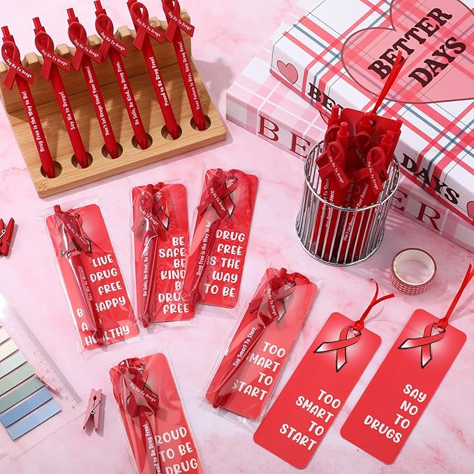 Eersida 48 Sets Red Ribbon Week Gift Supplies Say No to Drug Awareness Pens with Drug Free Bookmark Inspirational Red Ribbon Awareness Gift for Student School Charity Events Party Supplies