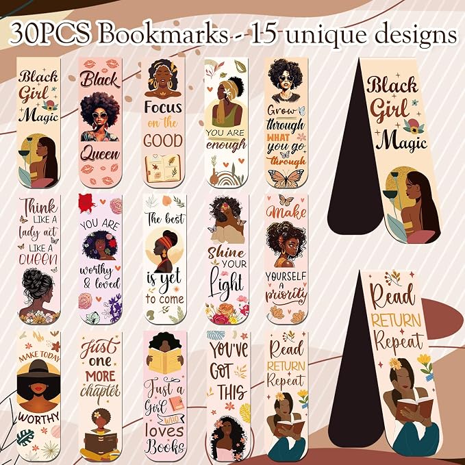 Wxiben Black Girl Magnetic Bookmark - 30 Pcs Black Women Inspirational Quotes Book Mark Magnets Reading Bookmarks Magnetic African American Women Book Markers Page Clip for Students Teachers Gifts