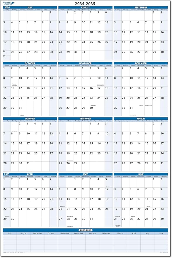 Fiscal/Academic Split Year July 2034 to June 2035 Vertical 12 Month Wall Calendar 36" x 24" - Dry & Wet Erasable with Next Year Planner Area. Complete with Fine tip Dry-erase Marker and Eraser