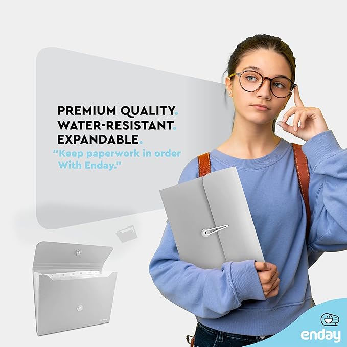Accordion File Organizer Grey, 7 Pocket Expanding File and Cover Folder with Labels, Plastic Portable Desktop Letter A4 Paper, Also Available in Red, Green, Pink, Blue, Purple, 1 Pc – By Enday
