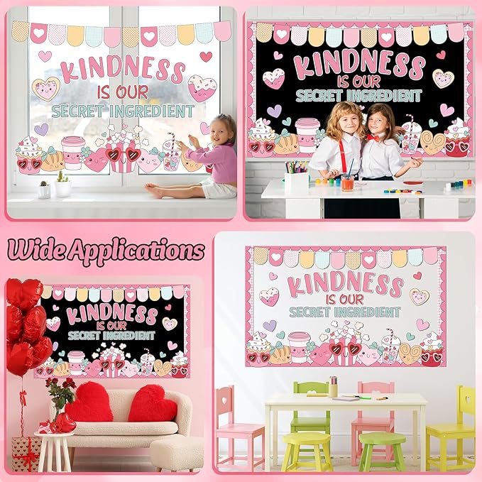 Valentine's Day Bulletin Board Decoration Set Valentines Kindness Classroom Decoration Colorful Heart Coffee Cup Cookies Cutouts for Valentines School Classroom Chalkboard Wall Decor Party Supplies