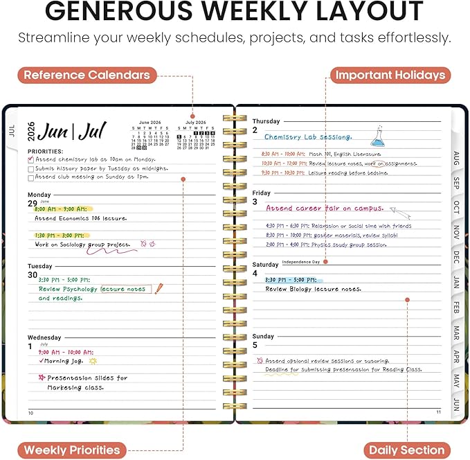 Planner 2026-2027, Academic Year Monthly and Weekly Calendar Planner, Jul 2026 - Jun 2027, Hardcover Teacher Student Planning Agenda book with Tabs, Perfect for School Office Supplies, 8.5" x 11" - Humming Glow