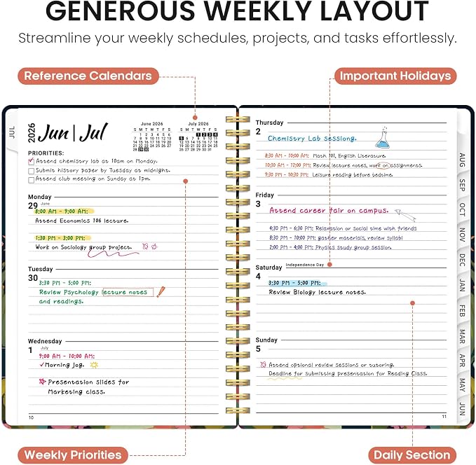 Planner 2026-2027, Academic Year Monthly and Weekly Calendar Planner, Jul 2026 - Jun 2027, Hardcover Teacher Student Planning Agenda book with Tabs, Perfect for School Office Supplies, 6.3" x 8.5" - Humming Glow