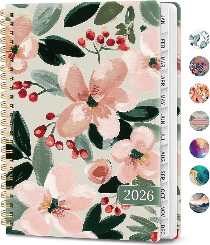 2026 Planner, Weekly and Monthly Calendar Planner Book, January 2026 - December 2026, Hardcover Spiral Planner with Monthly Tabs, Notes Pages, Perfect for Women & Men, A5 (6.4" x 8.5") - Blush Flower