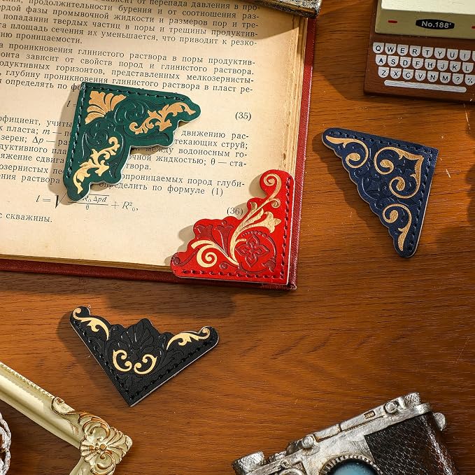 4 PCS Vintage Leather Bookmarks, Elegant Gold Stamped Corner Bookmark Retro Pattern Book Mark Book Accessories Gifts for Book Lovers Women Girls