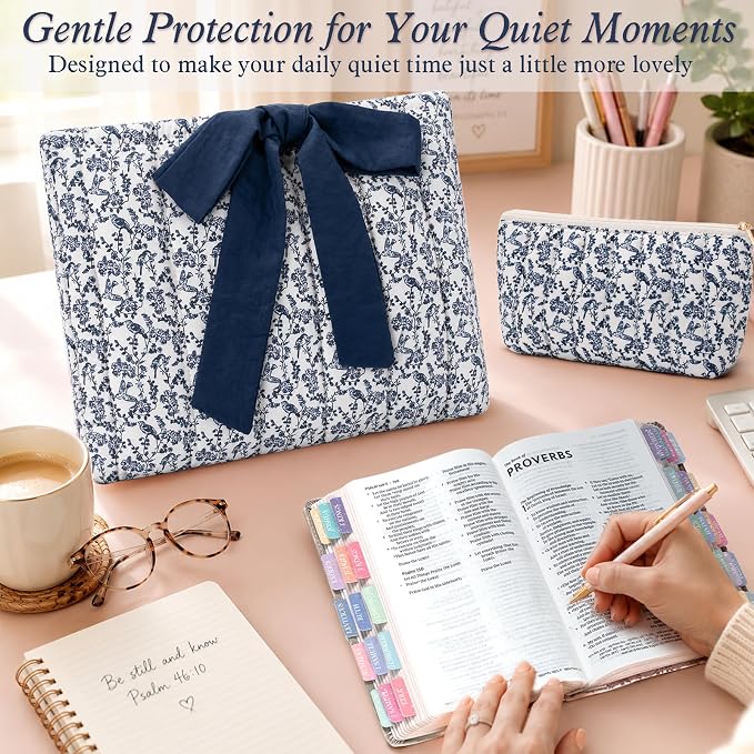 XKDOUS Quilted Cotton Bible Case for Girls and Women, Machine Washable Bible Book Cover with Large Capacity Pen Bag, Soft Cute Bible Carrying Bag with Bow Fits Most Standard Bibles, Songbird Floral