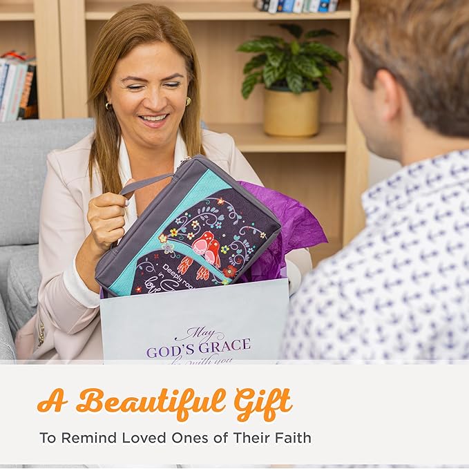 Christian Art Gifts Men & Women’s Bible Cover – Deeply Rooted in God’s Love, Gray Canvas, Large Size – Durable Zipper Case with Handle, Pen Loop, Interior & Exterior Pockets for Daily Use