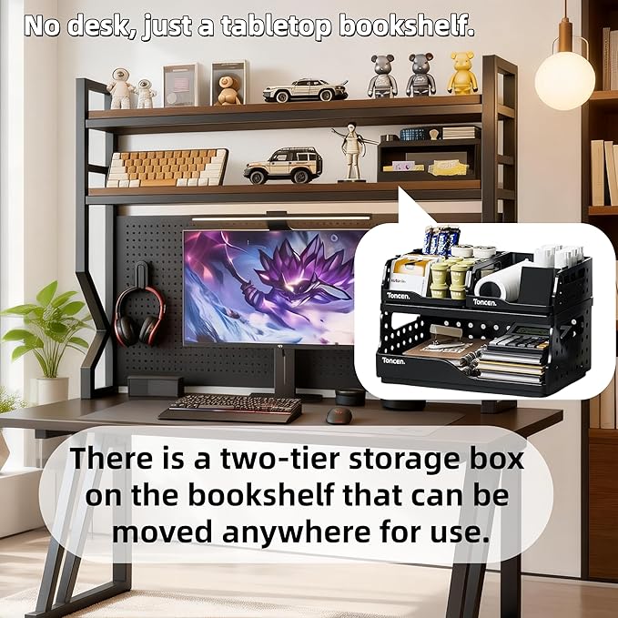 Desktop Hutch Bookshelf,Many Gifts,Metal Desktop Bookcase with pegboard, Desk Shelf, Countertop Storage Organizer Rack for Dorm or Office,Desktop Shelves Brown（ 37.4" Lx9.9 Wx39 H