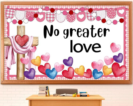 Valentine's Day Christian Bulletin Board Decoration Set Love Heart Cross Bible Verse No Greater Love Bulletin Board Classroom Decoration Cutouts for Sunday School Church VBS Wall Door Decors