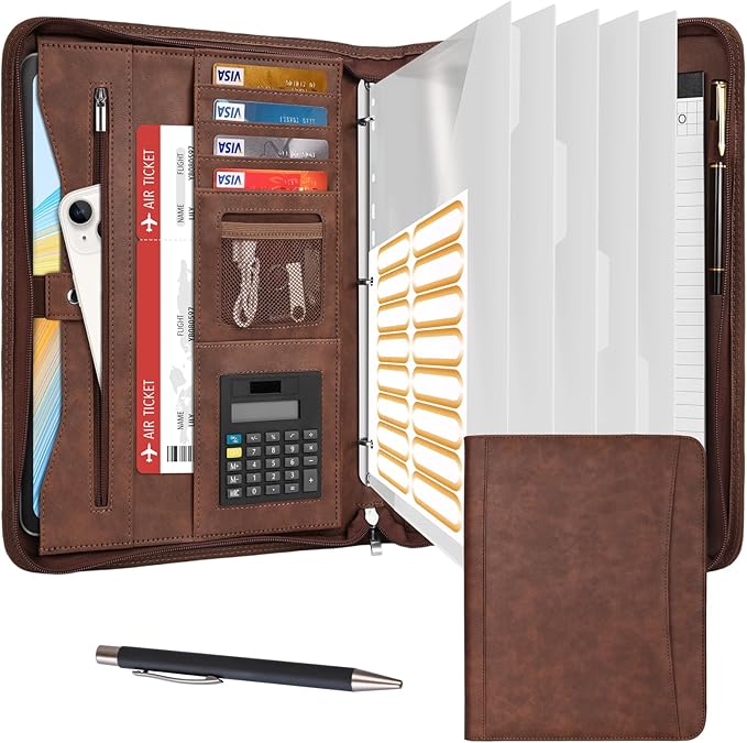 Eshow Portfolio Organizer - 3 Ring Binder with Zipper, Vegan Leather Business Padfolio Folder with Notepad Includes 5 Clear Sheet Protectors for Documents Files for Men Women