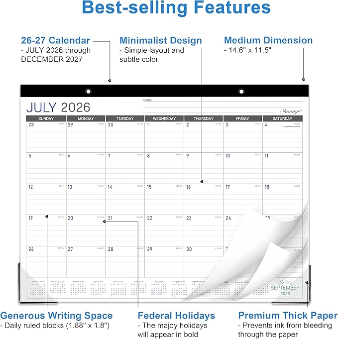 Desk Calendar 2026-2027 - Desk/Wall Calendar 2026-2027, Jul 2026 - Dec 2027, 26-27 Calendars 18 Month, Desk Calendars with Corner Protectors, Large Ruled Blocks, Thick Paper, Colorful, 14.6" x 11.5", Desktop Calendar for Daily Organizer