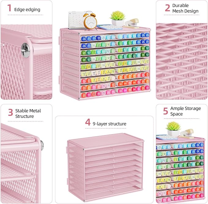 Marbrasse Mesh Marker Organizer, Metal Desktop Storage Rack for 126 Markers, Pens, Pencils, 9 Tier Marker Holder for Office Classroom & Home Art Supplies(Pink)