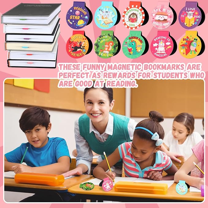 Resurhang 100 Pcs Reading Reward Magnetic Bookmarks for Kids Cute Animal Magnet Bookmark in 10 Designs 1.38 Inches Motivational Back to School Gifts for Teachers Students and Books Lover Gifts