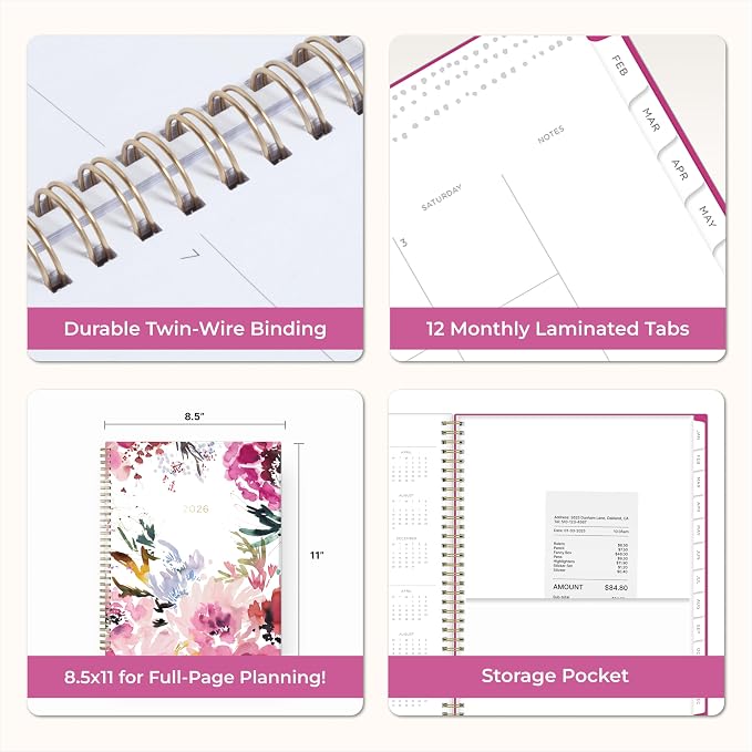Blue Sky Kelly Ventura 2026 Weekly and Monthly Planner Calendar, January 2026 - December 2026, 8.5" x 11", Flexible Cover, Laminated Tabs, Durable Twin Wire Binding, Storage Pocket, Magenta Blooms