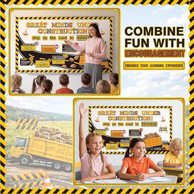 Honoson 48 Pcs Under Construction Bulletin Board Decorations Road to Success Bulletin Boards Construction Inspirational Classroom Decors for Teacher Library Classroom Chalkboard Wall Decor(Dump Truck)