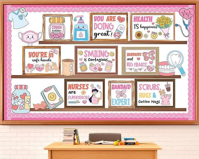 Nurse Bulletin Board Decorations Set Health Inspirational Bookshelf Classroom Decoration Back to School Bulletin Board Positive Nursing Paper Cutout for Nurse Day Hospital Clinic Medical RN Wall Decor