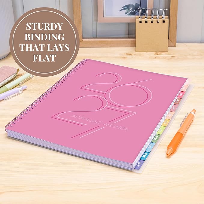 Rileys Academic Planner 2026-2027, Daily, Weekly & Monthly Planner, July 2026 - June 2027, Student Notes Pages, Twin-Wire Binding, Weekly Agenda for School & Work (8.5 x 11-Inches, Deco, Pink)