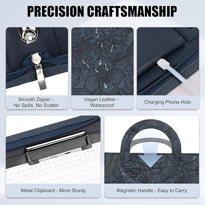 Portfolio Binder 3 Ring Includes Pen and 5 Dividers with 10 Pockets, Padfolio Organizer with Magnetic Handle for Men and Women, Includes A4 Notepad for Business, School, Work