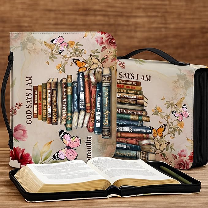 Personalized Man of God Bible Cover, God Says I Am Bible Case PU Leather, Bible Holder Handle Zipper, Faith Scripture with Name Case Bag, Religious Gifts for Church Christians Women Men (GOD-11)