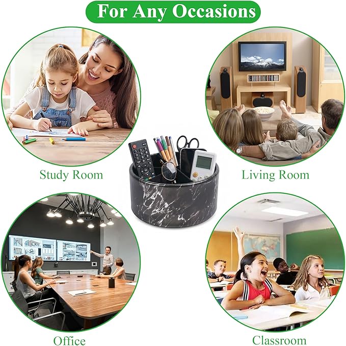Remote Control Holder, 360°Spinning PU Leather Desk TV Remote Caddy,Desk Storage Box Room Accessories for Controller, Media,Mail,Calculator, Mobile Phone,Pencil(1-Big Marble Black)