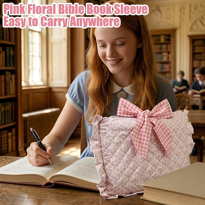 Honoson Quilted Bow Bible Sleeve Cover Case Padded Protector Washable Bible Bag Pouch Christian Gift for Women Girls Book Lover Gifts(Pink Floral)