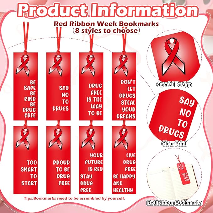 Eersida 24 Sets Red Ribbon Week Gift Supplies Say No to Drug Awareness Pens with Drug Free Bookmark Inspirational Red Ribbon Awareness Gift for Student School Charity Events Party Supplies