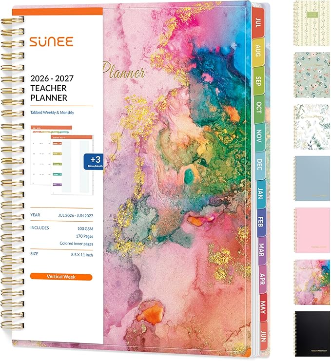 SUNEE Teacher Planner 2026-2027 Academic Year, Lite Lesson Planner Book with 7 Periods Jul 2026 - Jun 2027, 8.5"x11" Daily Weekly and Monthly Organizers, Plan Book with Pocket, Color Tabs, Pink Marble