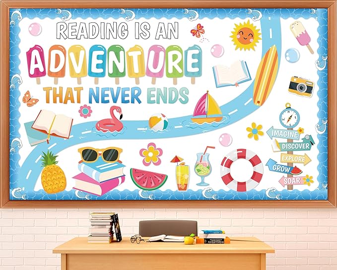 Summer Reading Bulletin Board Set Reading is an Adventure Bulletin Board Decoration Colorful Flamingo Watermelon Books Cutouts for Summer Back to School Library Home Chalkboard Wall Decor
