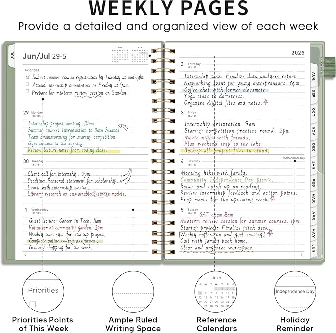 AHGXG Academic Planner 2026-2027, July 2026 - June 2027, Weekly and Monthly, 8.5" x 11", Calendar, Agenda for Women, Teacher, Student, School, 12-Month Tabs (Light Green)