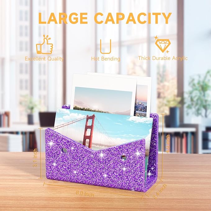 Mail Organizer Envelope Holder - Glitter Purple Acrylic Mail Holder Countertop Vertical Desk Organizer Small File Bill Document Notebook Letter Sorter for Home School Office Supplies