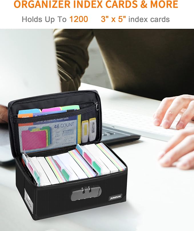 JUNDUN Index Card Holder with 48 Pieces 3x5 Inch Index Cards Dividers,Collapsible Fireproof Index Card Box with Lock fits 1200 3x5-Inch Flash Cards - Business, or Note Card Storage Boxes - Black