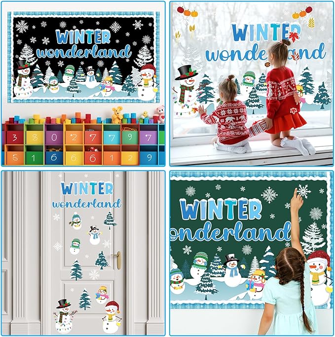 Winter Wonderland Bulletin Board Set Winter Snowman Bulletin Board Christmas Classroom Decorations Snowy Tree Snowflake Cutouts for Xmas Holiday Party School Classroom Home Chalkboard Wall Decor