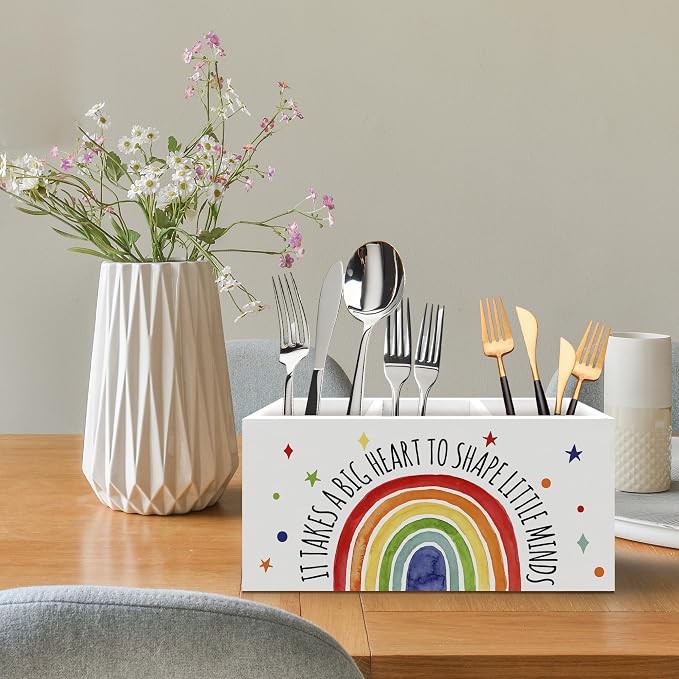 Boho Rainbow Teacher Pen Holder, Teacher Appreciation Gifts Office Pen Pencil Holder Organizer for Desk Accessories, Boho Rainbow Wooden Box Desk Decor for Office Classroom Desk Decorations