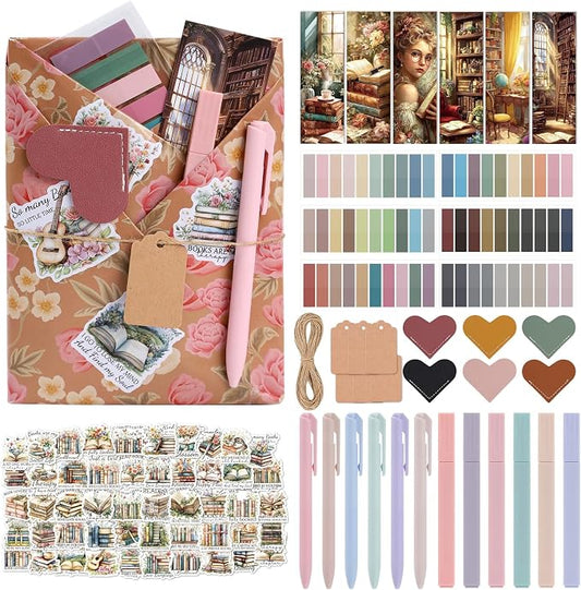 Blind Date with a Book Gift Box 6 Set Flower Blind Book Date Gifts Supplies Includes Kraft Paper Tags Floral Bookmark Pens Stickers Book Lover Club Gift for Women Bookish Family Reader