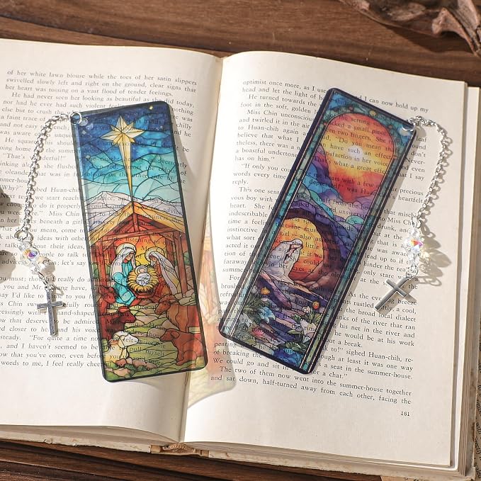 Christian Religious Bookmark Gifts - 4 Pcs Catholic Stained Glass Bookmarks for Women Book Lovers Pendant Tassels Beaded Page Marks Reading Accessories Bookish Gift for Birthday Sunday Church