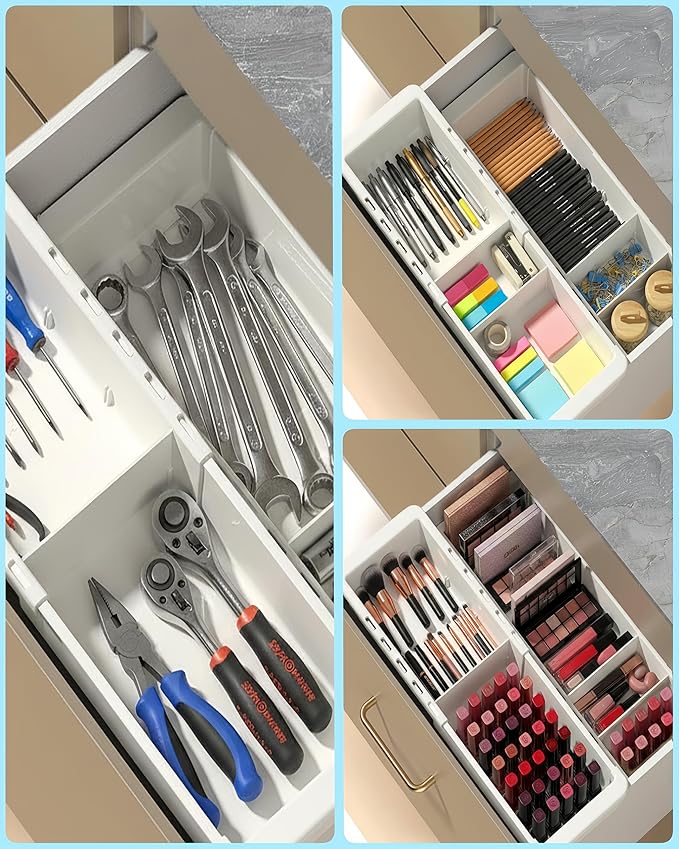 Deep Drawer Organizer Office, Adjustable & Expandable Drawer Organizer with Dividers, 18.11” White Plastic Storage Tray for Office Supplies, Kitchen Utensils,Junk & Tool Drawers