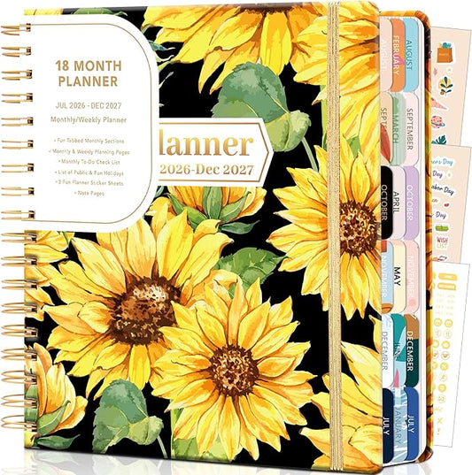 CAGIE Planner 2026-2027 18 Month July 2026-Dec 2027 Weekly and Monthly Calendar Planners Yearly Daily Hardcover 26-27 Planner for Women with Stickers Tabs Spiral Bound Agenda, Sunflower, 8.3"x9.1
