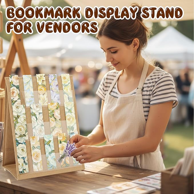 Faccito Bookmark Display Stand, Double Sided Portable Holder for Bookmarks, Linen Fabric Desktop Display Rack for Craft Fairs, Markets, Handmade Vendors