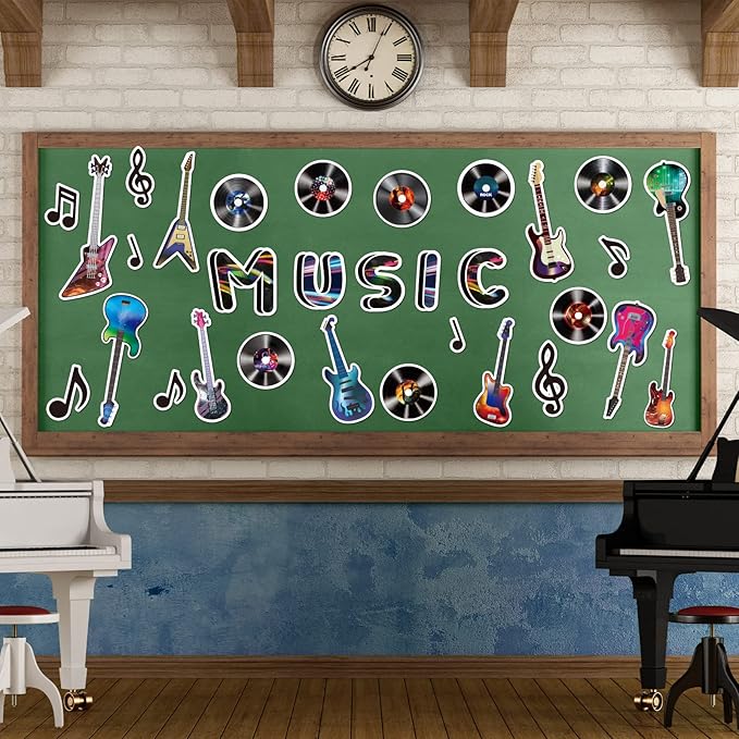 Music Themed Bulletin Board Set Musical Notes Classroom Decoration Music Notes Paper Cutouts Guitar Silhouettes Record Party Supplies for Kids Students Classroom Decor