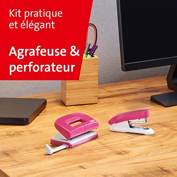 Novus 020-1874 Twin Set Stapler with Punch E 15/E 210 – Desk Set Pink