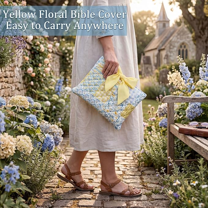 Honoson Quilted Bow Bible Sleeve Cover Case Padded Protector Washable Bible Bag Pouch Christian Gift for Women Girls Book Lover Gifts (Blue Yellow Patchwork)