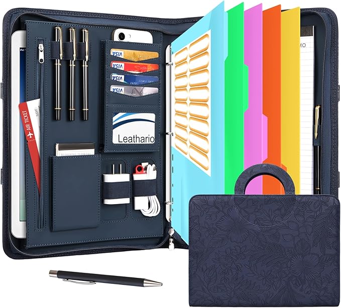 Leathario Portfolio Binder, Includes 5 Folder Index Dividers, 13 Inch Tablets Organizer with Handle, Vegan Leather A4 Padfolio, Multi-Pocket Notepad Business Planner Professional Document