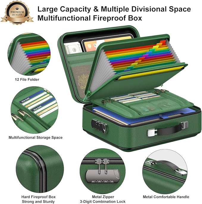 COLCASE Fireproof Document Box with Lock, Hard Fireproof Document Organizer | Hard-Shell Fireproof Waterproof Safe Box with Combination Lock Green