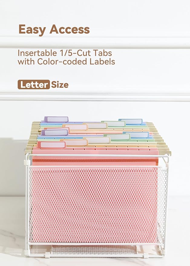 SortRax Plastic Hanging File Folders, Sturdy & Tear-Resistant, Letter Size, 12 Pack with Insertable 1/5-Cut Tabs, Pastel Colors
