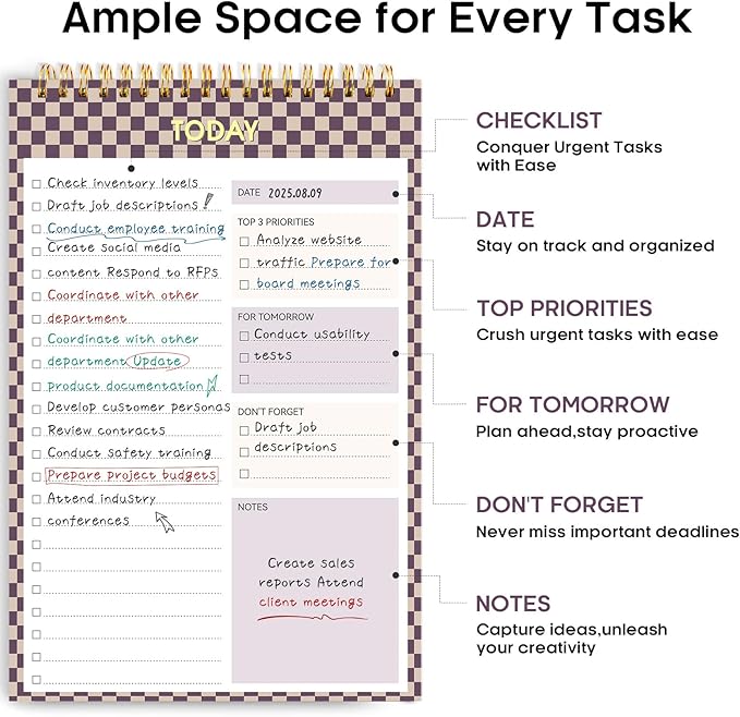Taja To Do List Notepad - To Do List Notebook for Work with 52 Sheets, 9.8" x 6.5", Undated Daily Planner Perfect for Daily Tasks and Goal Setting, Notepad Suitable for Office, Home & School - Lilac Checkered