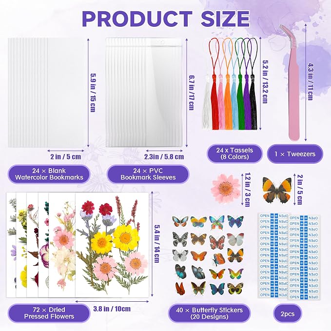 DIY Bookmark Making Kit – 187 PCS Dried Flower Bookmark Kit with Blank Bookmarks, Pressed Flowers, Butterfly Stickers, Tassels, Sleeves – Bookmark Craft for Painting, Handmade Gifts, DIY Bookmarks