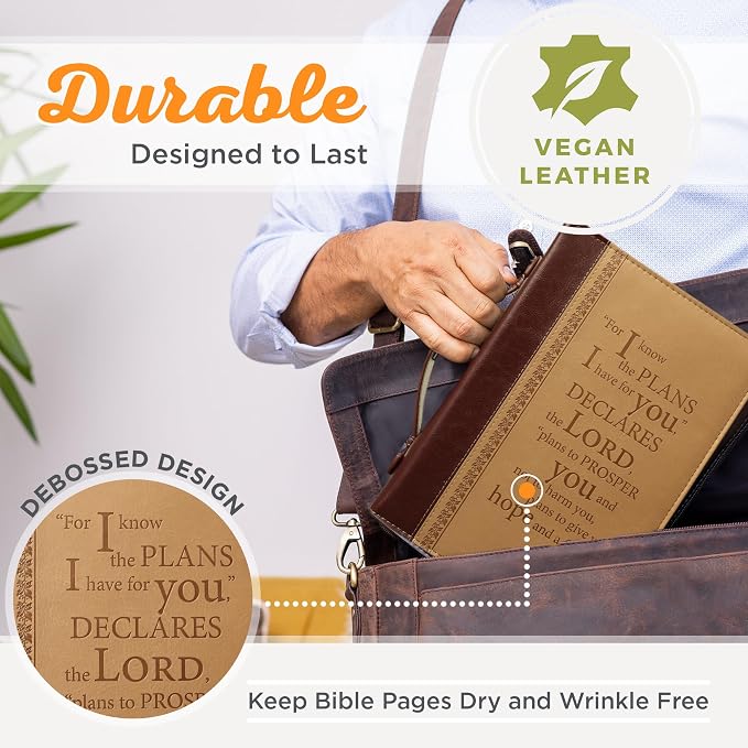 Christian Art Gifts Men's Classic Bible Cover I Know The Plans Jeremiah 29:11, Brown/Tan Faux Leather, Large [Imitation_Leather]