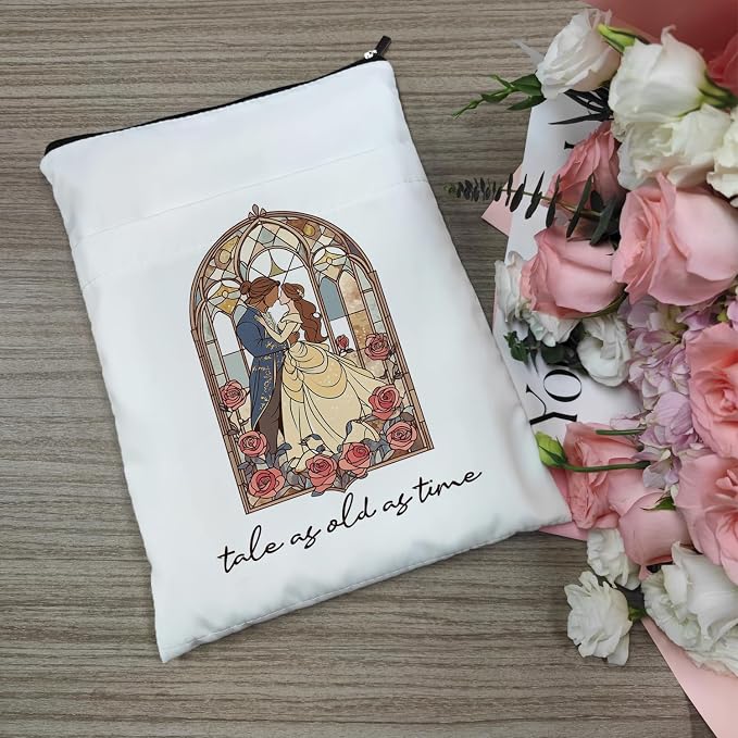 Tale As Old As Time Belle's Book Covers with Zipper, Gifts for Women, Teacher, Librarian, Bookworm, Kindle Protector (White, Large)