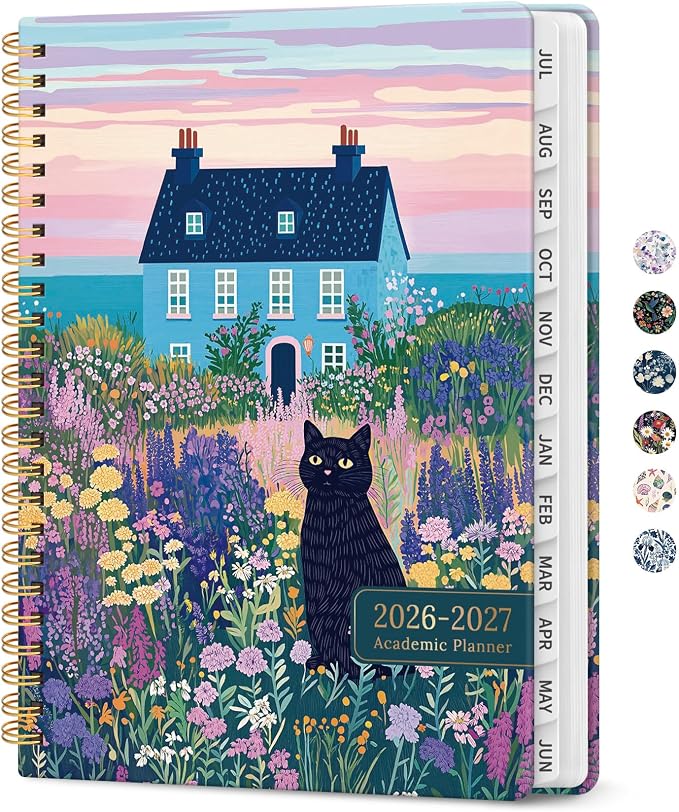 Planner 2026–2027, Academic Year Monthly & Weekly Calendar Book, Jul 2026–Jun 2027, Hardcover Organizer with Tabs, Student & Teacher Planner, 6.3" x 8.5", Lavender Whiskers